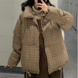 Plaid Padded Jacket Plaid - Khaki - One Size