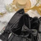 Bell-sleeve Lace Panel Accordion Pleat Midi A-line Dress
