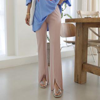 Band-waist Slit-side Ribbed Pants