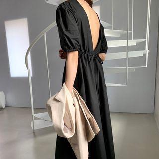 Balloon-sleeve Open-back Midi A-line Dress