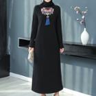 Long-sleeve Turtleneck Embroidered Maxi A-line Dress