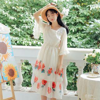 Rose Print Elbow-sleeve A-line Dress
