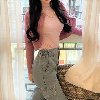 Plain Cardigan / Long-sleeve Turtleneck Top