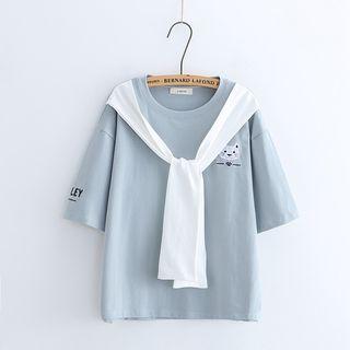 Cat Embroidered Mock Two-piece Short-sleeve T-shirt