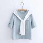 Cat Embroidered Mock Two-piece Short-sleeve T-shirt