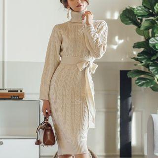 Turtleneck Tie-waist Knit Midi Bodycon Dress