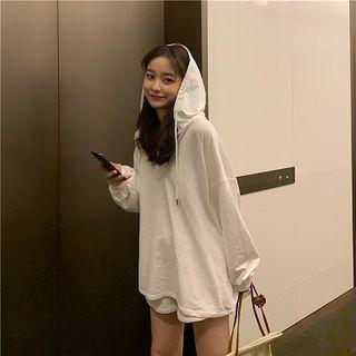 Plain Drawcord V-neck Hooded Top / Plain High-waist Shorts
