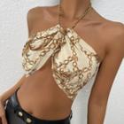 Printed Chain Detail Cropped Halter Top