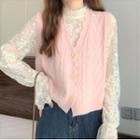 Cable Knit Sweater Vest / Long-sleeve Lace Top