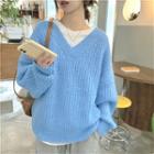 Plain V-neck Loose-fit Sweater Blue - One Size