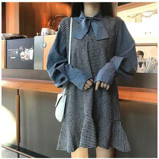 Tie-neck Shirt + Striped Mermaid Jumper Dress