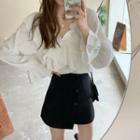 Ruffle Plain Long Sleeve Shirt/asymmetrical High Waist Plain A-line Skirt