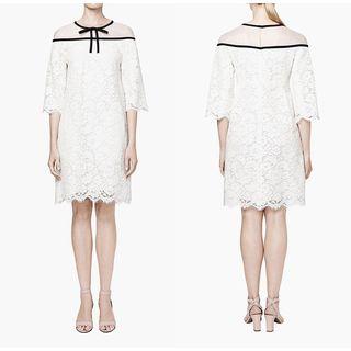 Contrast Trim Bow Accent 3/4 Sleeve Lace Dress