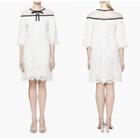 Contrast Trim Bow Accent 3/4 Sleeve Lace Dress