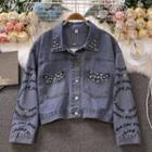 Letter Embroidered Beaded Denim Cropped Jacket Blue - One Size