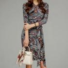 3/4-sleeve Patterned Tie-waist Sheath Dress