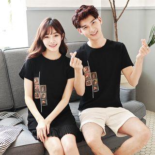 Couple Matching Printed T-shirt Ruffle Dress / T-shirt
