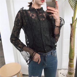 Frill Trim Long-sleeve Lace Blouse