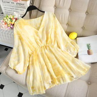 V Collar Short-sleeve Print Chiffon Top