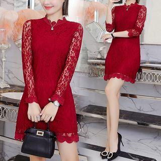 Elbow-sleeve Lace Mini A-line Dress