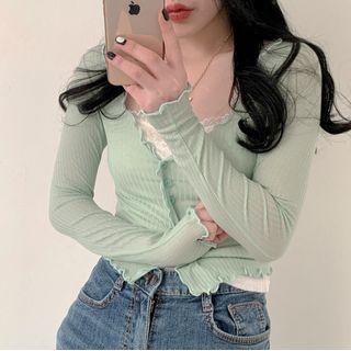 Lettuce Edge Cropped Cardigan Light Green - One Size