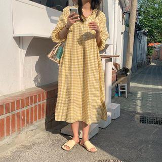 Long-sleeve Plaid Shirt Dress Yellow - One Size