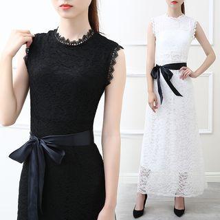 Sleeveless Tie-waist Lace Midi Dress