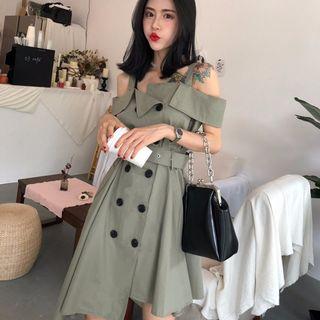 Off-shoulder Double-breasted A-line Dress