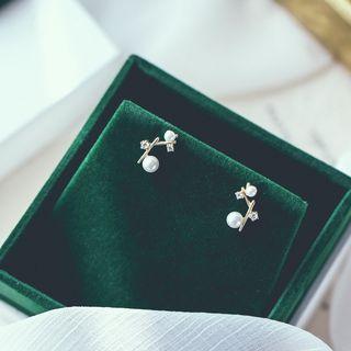 Faux Pearl Ear Stud 1 Pair - 925 Silver - White - One Size