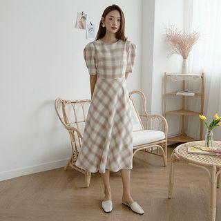Puff-sleeve Plaid Long Flare Dress