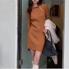 Long-sleeve Asymmetrical Half-zip Knit Sheath Dress