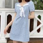 Ribbon Plaid Puff-sleeve Mini A-line Dress