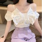 Short-sleeve Cold Shoulder Embellished Bow Top / Straight Leg Dress Pants