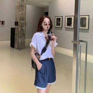 Set: Short-sleeve Pocket Detail Shirt + Pinstriped Shorts