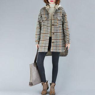 Plaid Panel Hooded Medium Maxi Woolen Jacket