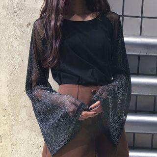 Glitter Mesh Panel Long-sleeve Top