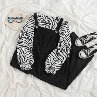 Long-sleeve Zebra Print Blouse / Corduroy Midi A-line Overall Dress