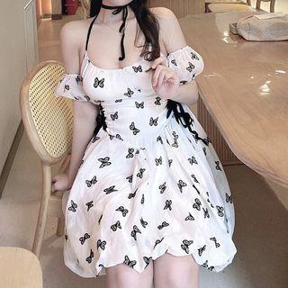 Cold-shoulder Butterfly Print Mini A-line Dress
