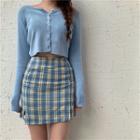 Long-sleeve Button Knit Top / Plaid Mini Fitted Skirt
