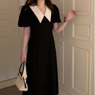 Short-sleeve Collar Midi A-line Dress Black & White - One Size