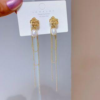 Faux Pearl Floral Drop Earring 1 Pair - Gold & White - One Size