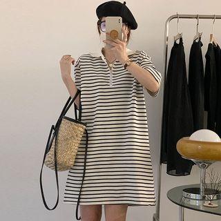 Elbow-sleeve Half-zip Striped Mini Dress