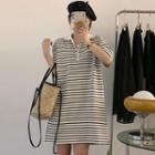 Elbow-sleeve Half-zip Striped Mini Dress