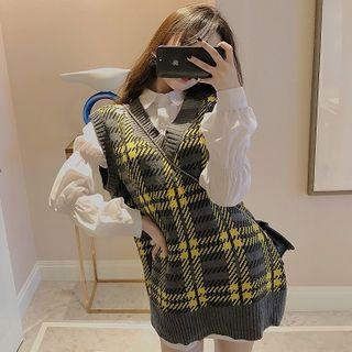 Plain Long-sleeve Loose-fit Blouse / Plaid V-neck Knit Vest