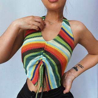 Striped Halter Drawstring Crop Top