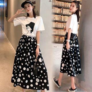 Set: Printed Short-sleeve T-shirt + Polka Dot Midi A-line Skirt