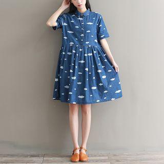 Cloud Print Short-sleeve A-line Shirt Dress