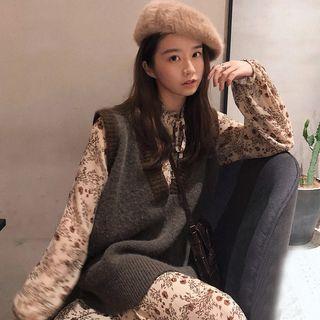 Set: Knit Vest + Floral Print Long-sleeve A-line Midi Dress