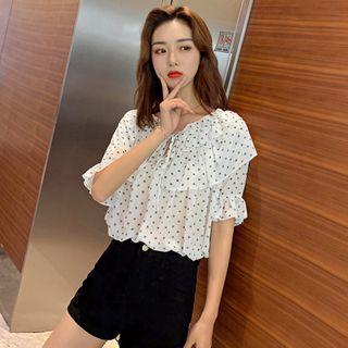 Dotted Ruffled Short-sleeve Chiffon Top