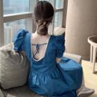 Pearl-neckline Puff-sleeve Mini Dress